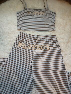 PLAYBOY Blue and Brown Striped Crop Tank and Pants Set